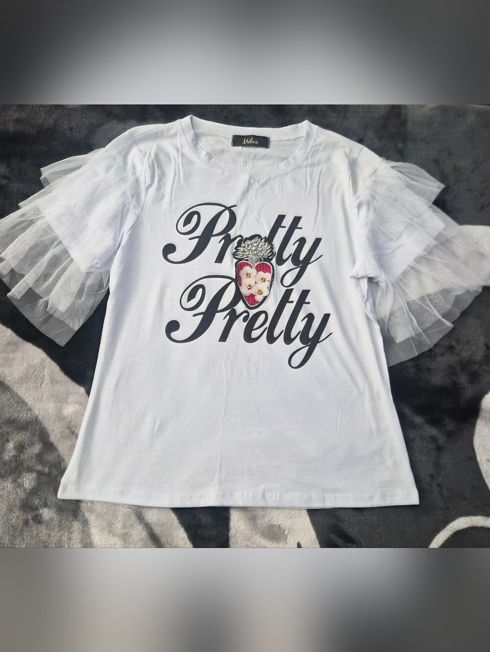 Kids White 'Pretty Pretty' Tulle Sleeve Tee